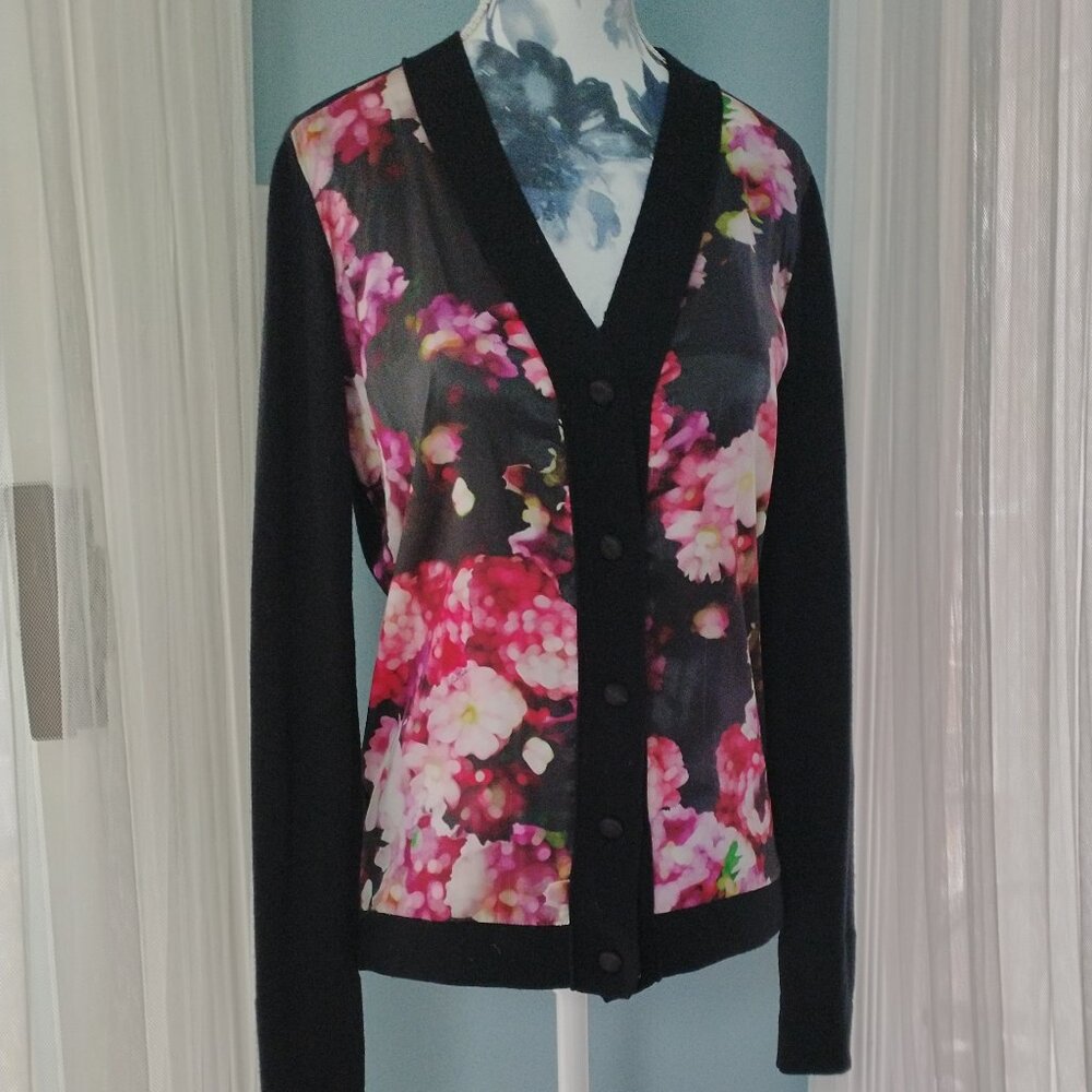 Pink Tartan Cardigan, Merino Wool with Floral Satin Front, XS